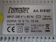 Trafo Comatec Nr. 515167   pri 230 V   sec  12 V  Klingeltrafo  12 VA     T9/838