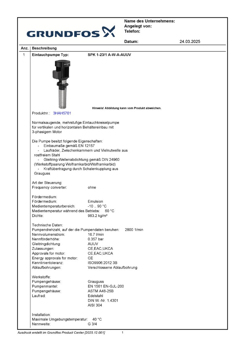 Grundfos SPK 1-23/1 A-W-A-AUUV Eintauchpumpe mehrstufig 0,06 kW 3x220-415V IP55 PK25/106