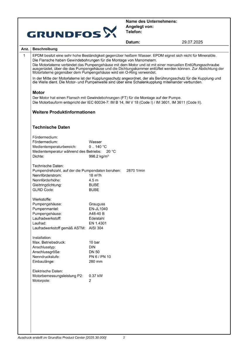 Grundfos TPD 50-60/2 A-F-A-BUBE  3x400V 280mm Druckpumpe P11/130