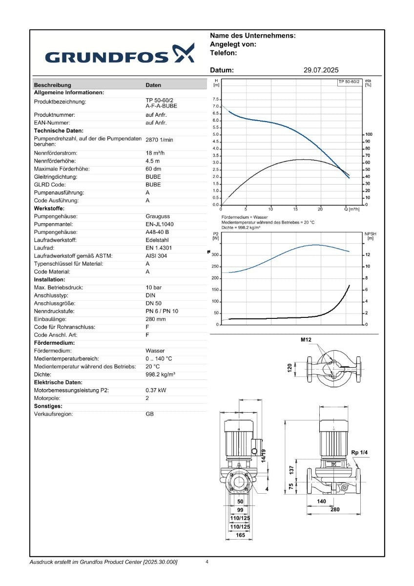 Grundfos TPD 50-60/2 A-F-A-BUBE  3x400V 280mm Druckpumpe P11/130
