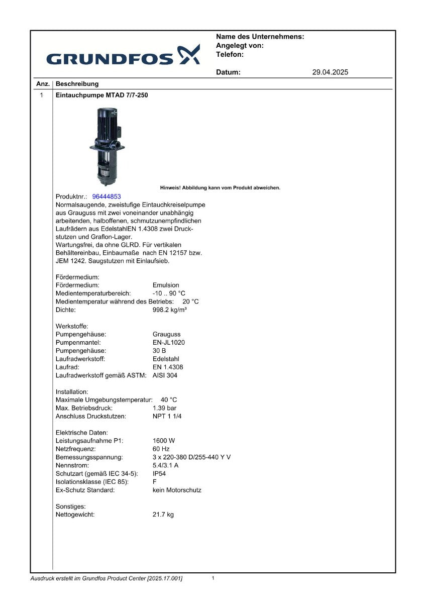 Grundfos MTAD 7/7-250 W-W-A 1600W 3x400V Tank- Kühlmittelpumpe P12/194