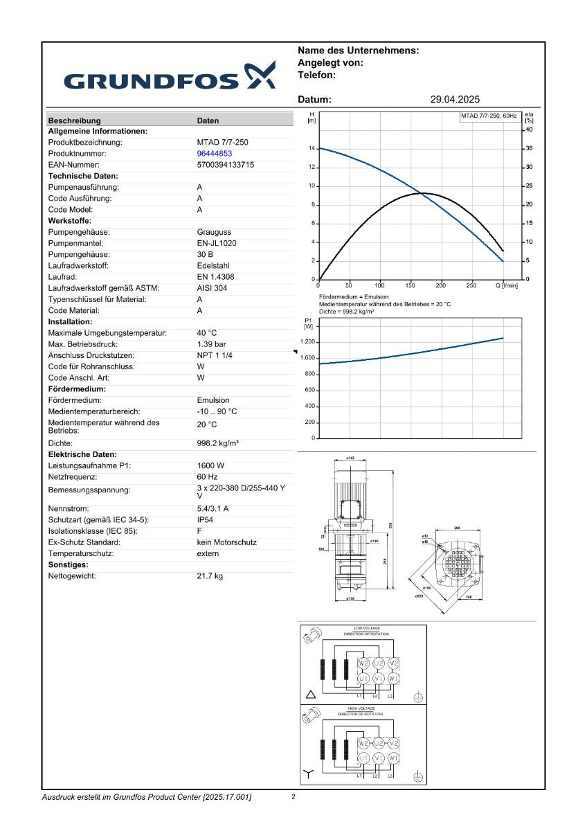 Grundfos MTAD 7/7-250 W-W-A 1600W 3x400V Tank- Kühlmittelpumpe P12/194