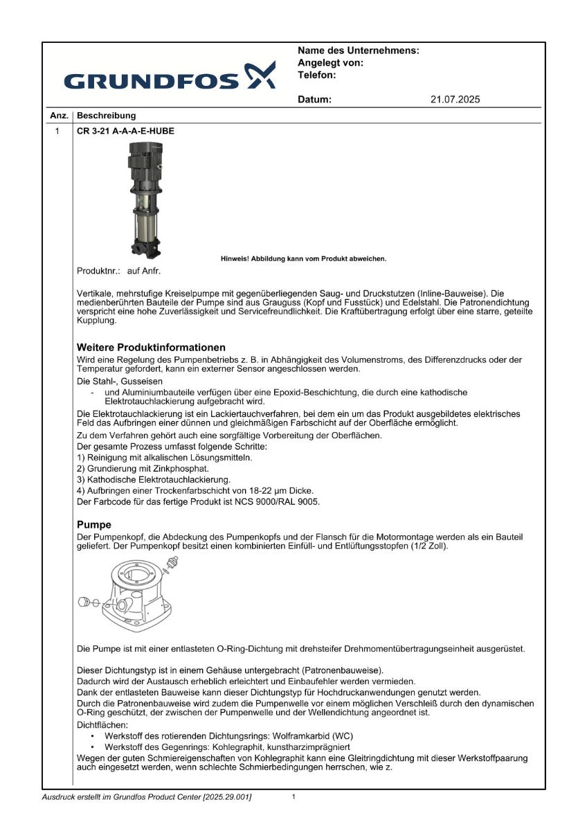 Grundfos CR 3 - 21 A-A-A-E-HUBE Druckerhöhungspumpe 3x400V Druck P16/309