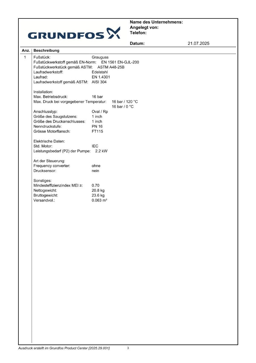 Grundfos CR 3 - 21 A-A-A-E-HUBE Druckerhöhungspumpe 3x400V Druck P16/309
