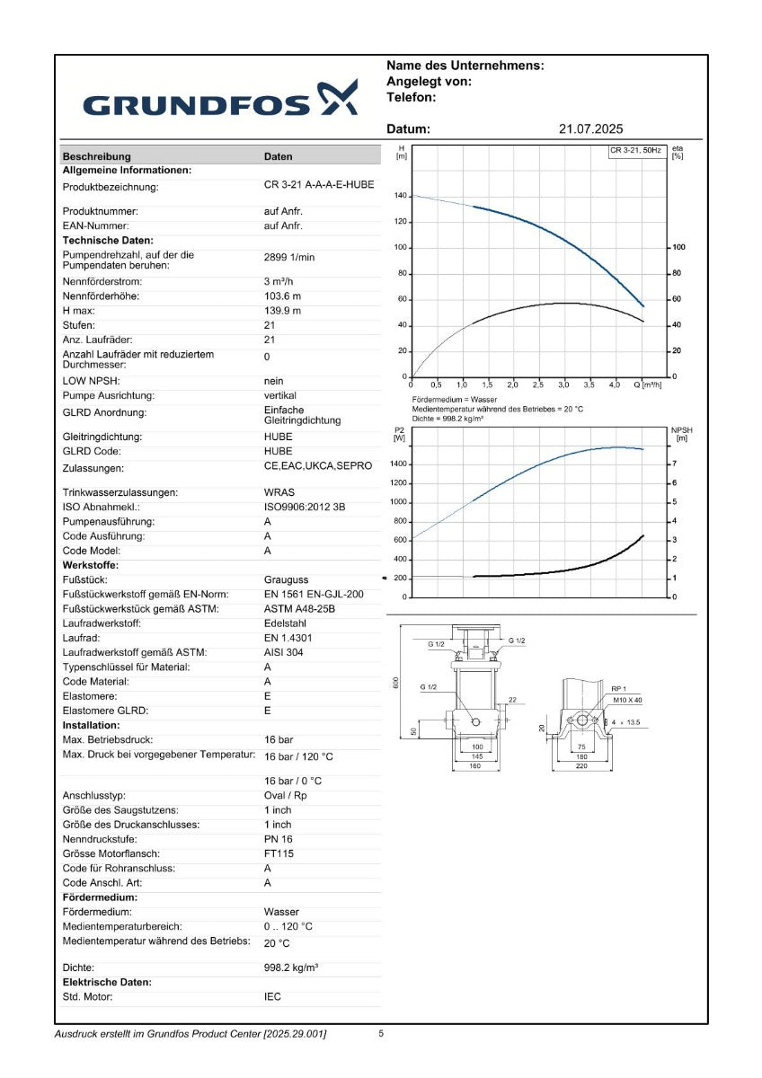 Grundfos CR 3 - 21 A-A-A-E-HUBE Druckerhöhungspumpe 3x400V Druck P16/309