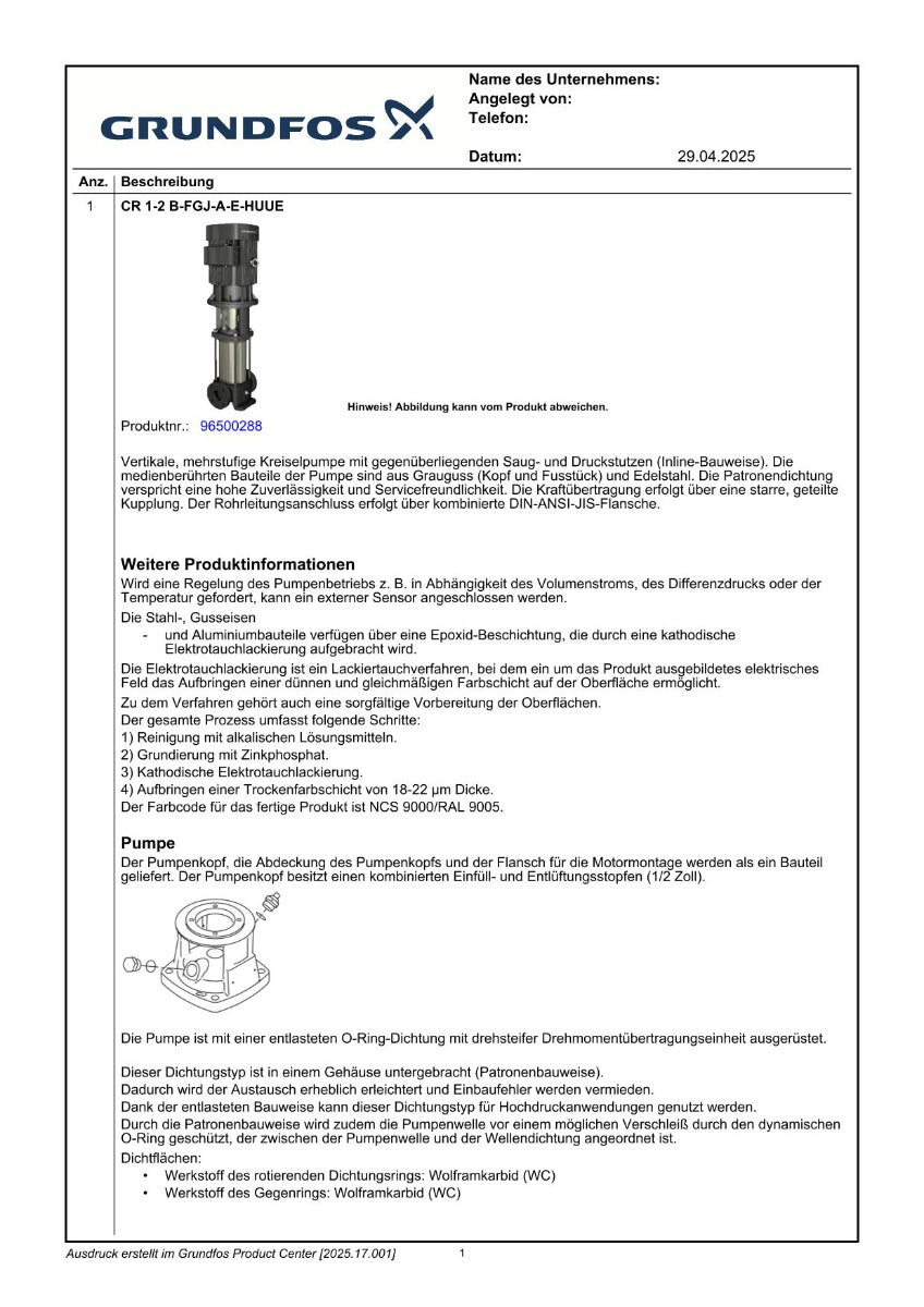 Grundfos CR 1-2 B-FGJ-A-E-HUUE Flansch Kreiselpumpe P11/180