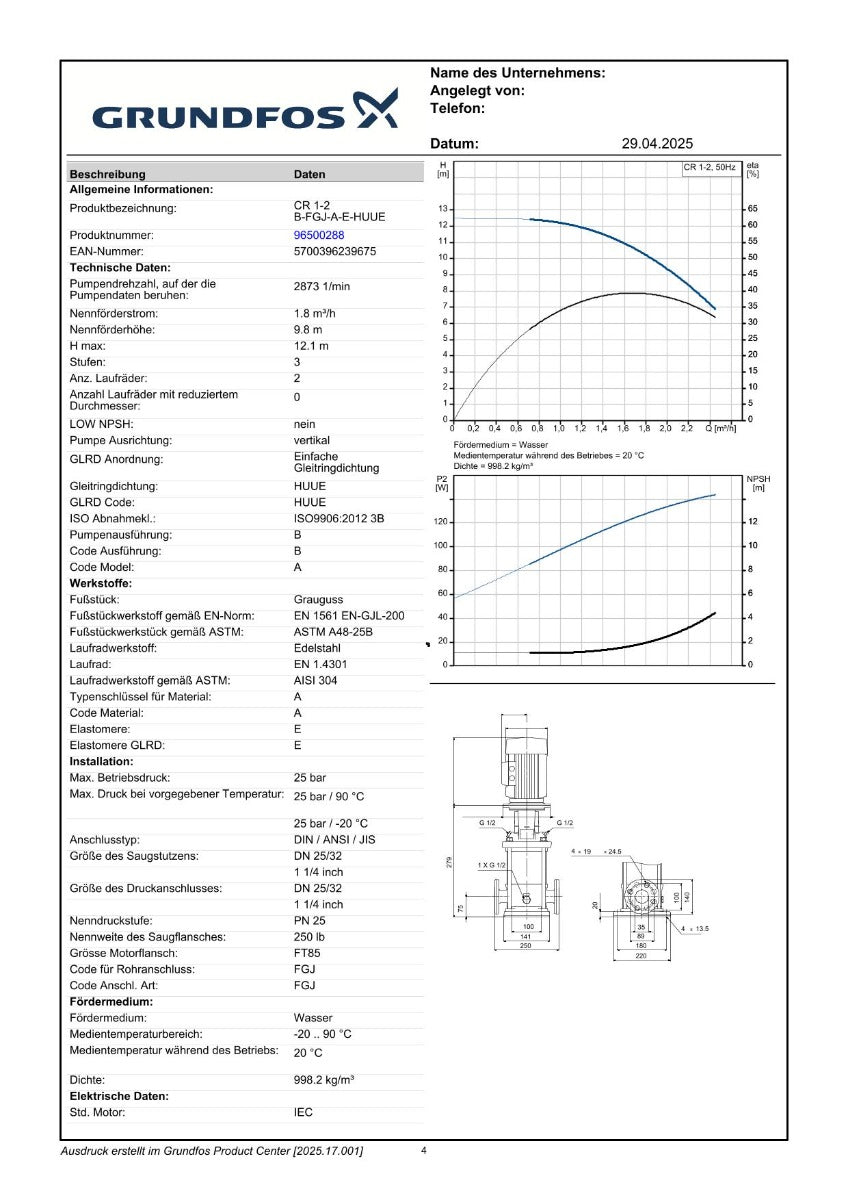 Grundfos CR 1-2 B-FGJ-A-E-HUUE Flansch Kreiselpumpe P11/180
