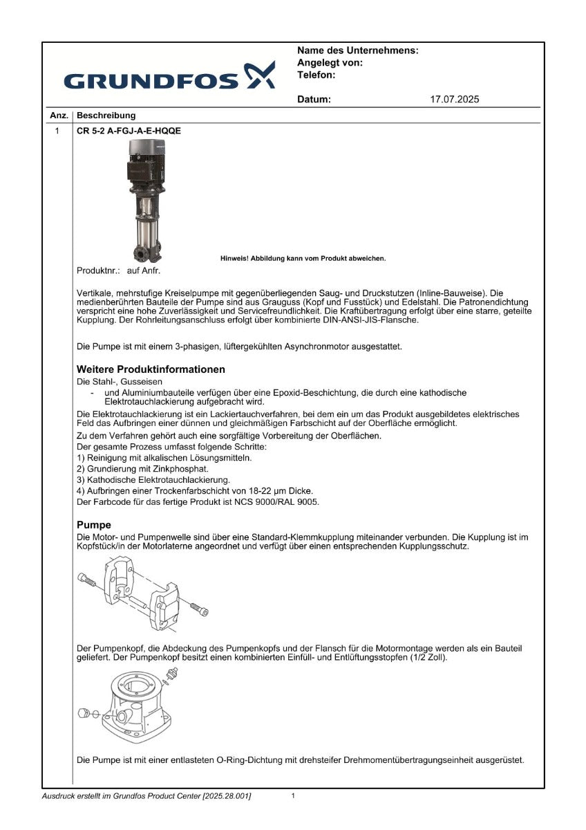 Grundfos CR 5-2 A-FGJ-A-E-HQQE Druckerhöhungspumpe 3x400V 0,37 kW P21/14