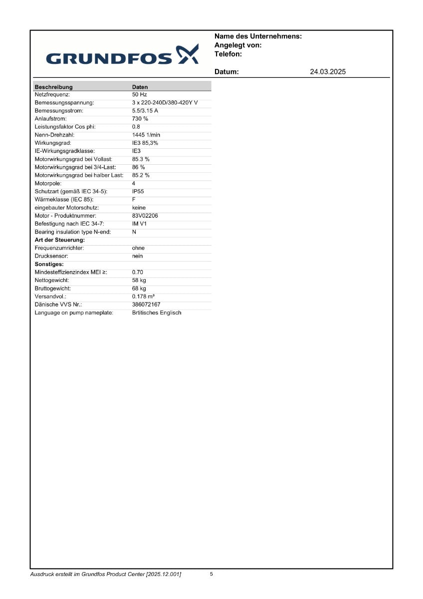 Grundfos NB 50-160/175 AAF2KESBQQEHW3 Kreiselpumpe 1,5 kW 3x380-420V DN65/50 PN16  PK25/103