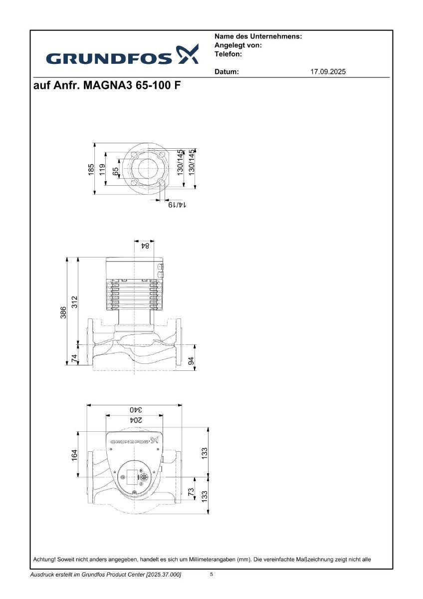 Grundfos Magna3 65-100 F 340mm Energiesparpumpe Heizungspumpe 1x230V  P25/33