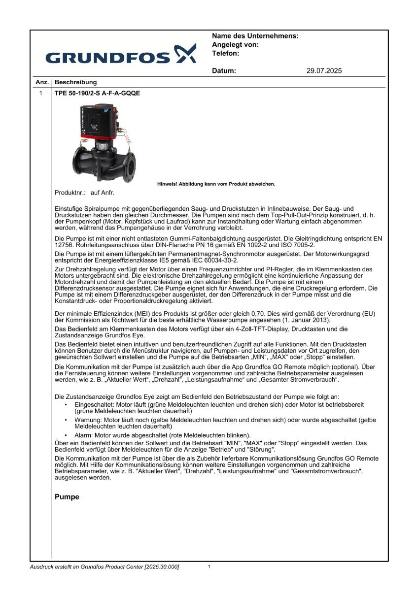 Grundfos TPE 50-190/2 A-F-A-GQQE Trockenläuferpumpe Energiesparpumpe P25/16