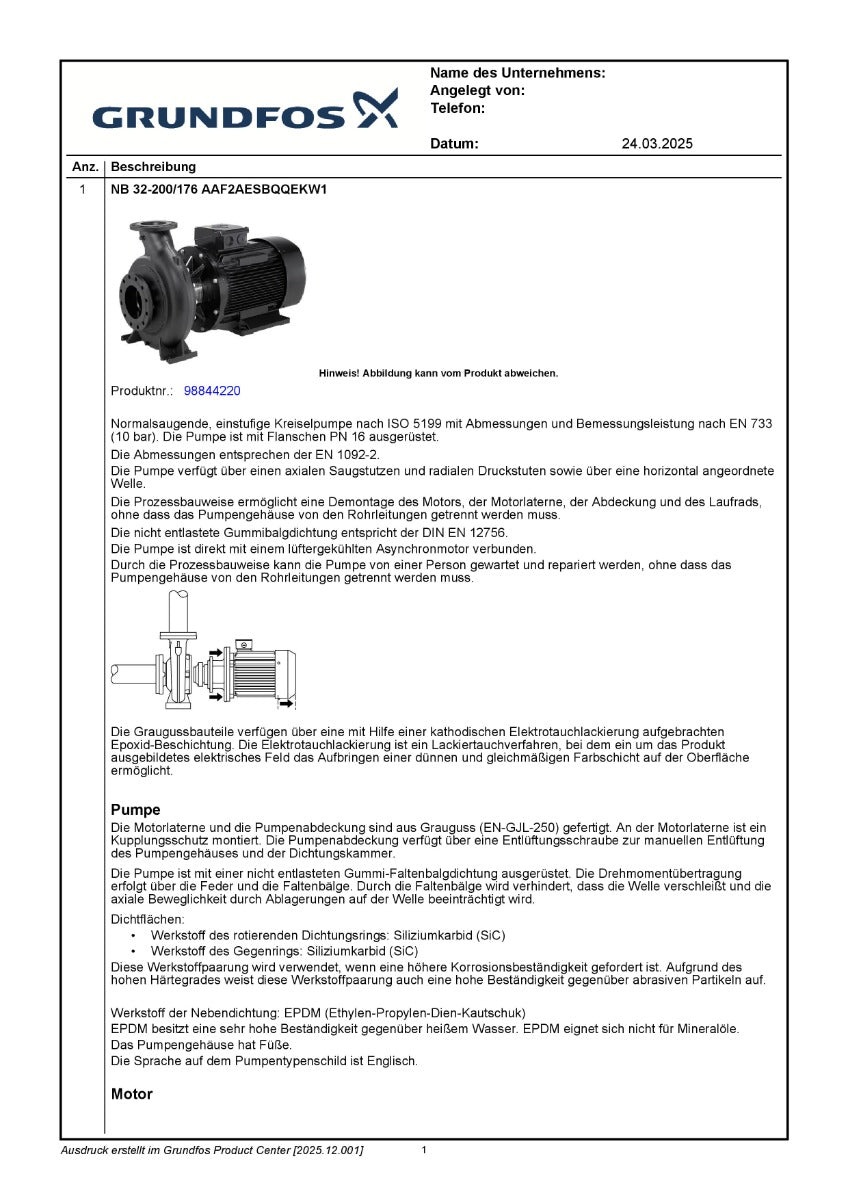 Grundfos NB 32-200/176 A-F2-A-BQQE normalsaugende, einstufige Kreiselpumpe 3 x 380-415V 4 kW PK25/105