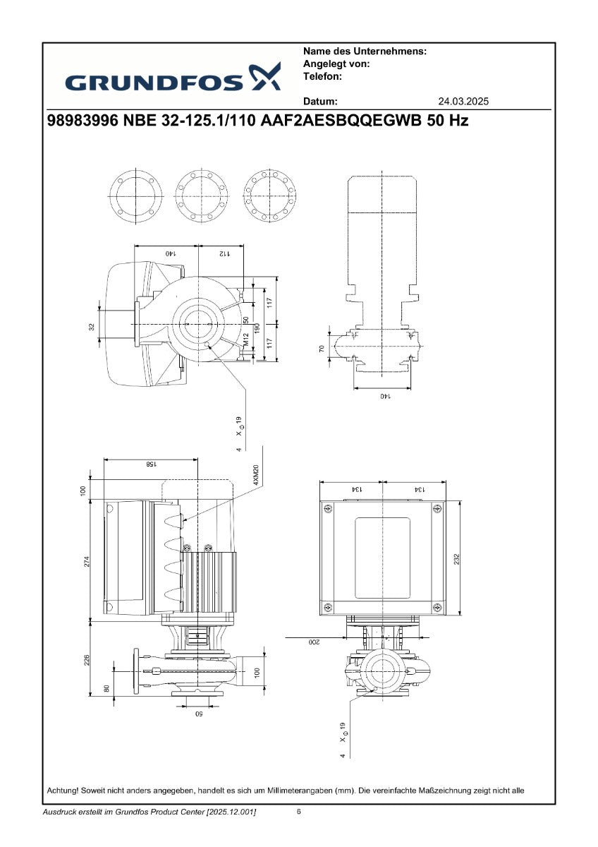 Grundfos NBE 32-125.1/110 AAF2AESBQQEGWB Kreiselpumpe 3x380-500V IE5 1,1 kW  PK25/104