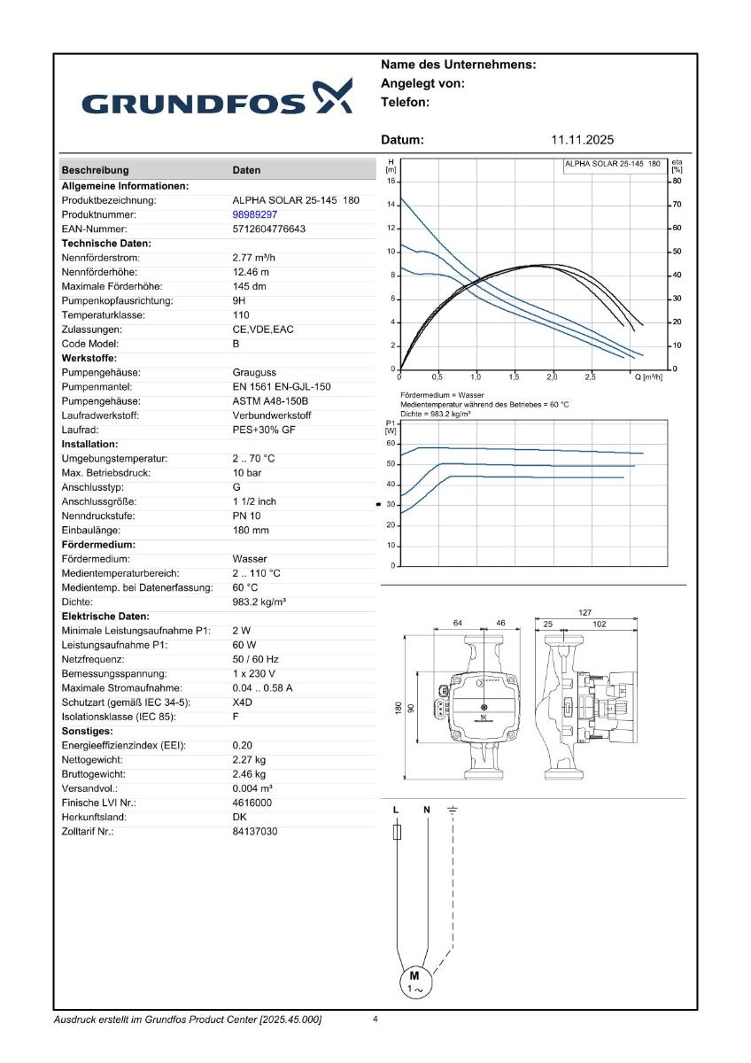 Grundfos ALPHA Solar 25-145 180 9H Solar- Umwälzpumpe PK25/333
