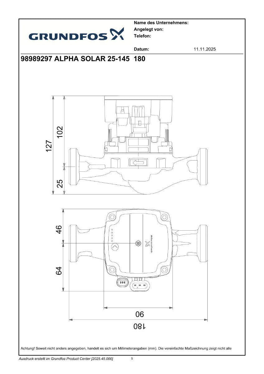 Grundfos ALPHA Solar 25-145 180 9H Solar- Umwälzpumpe PK25/333