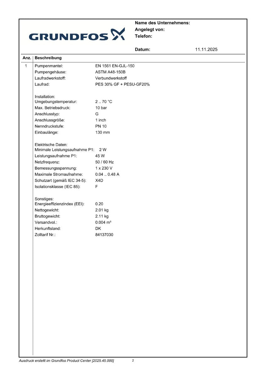 Grundfos ALPHA Solar 15-75 130 1x230V 9H Solar- Umwälzpumpe PK25/330