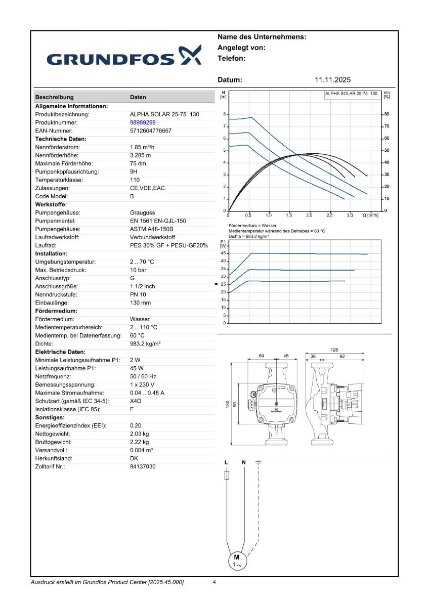 Grundfos ALPHA Solar 25-75 130 1x230V 9H Solar- Umwälzpumpe PK25/331