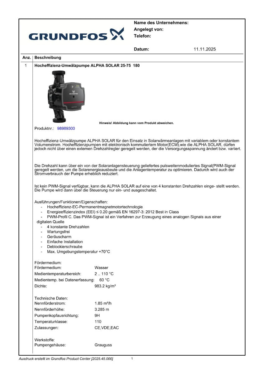Grundfos ALPHA Solar 25-75 180 1x230V 9H Solar- Umwälzpumpe PK25/332
