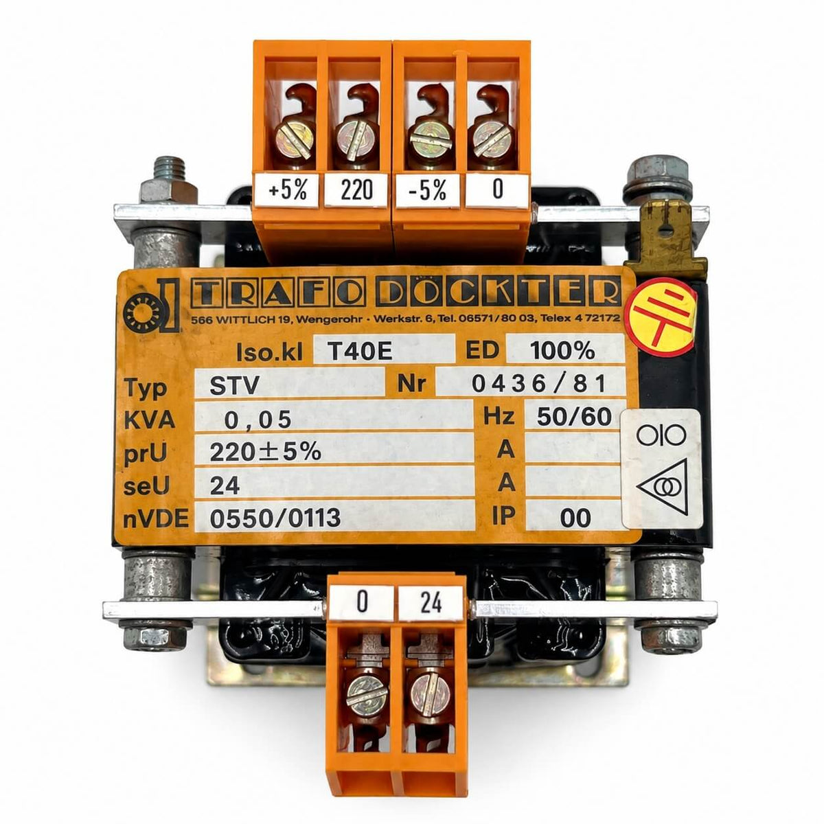 Dockter STV Transformator – 209/220/230 V auf 24 V – 50 VA