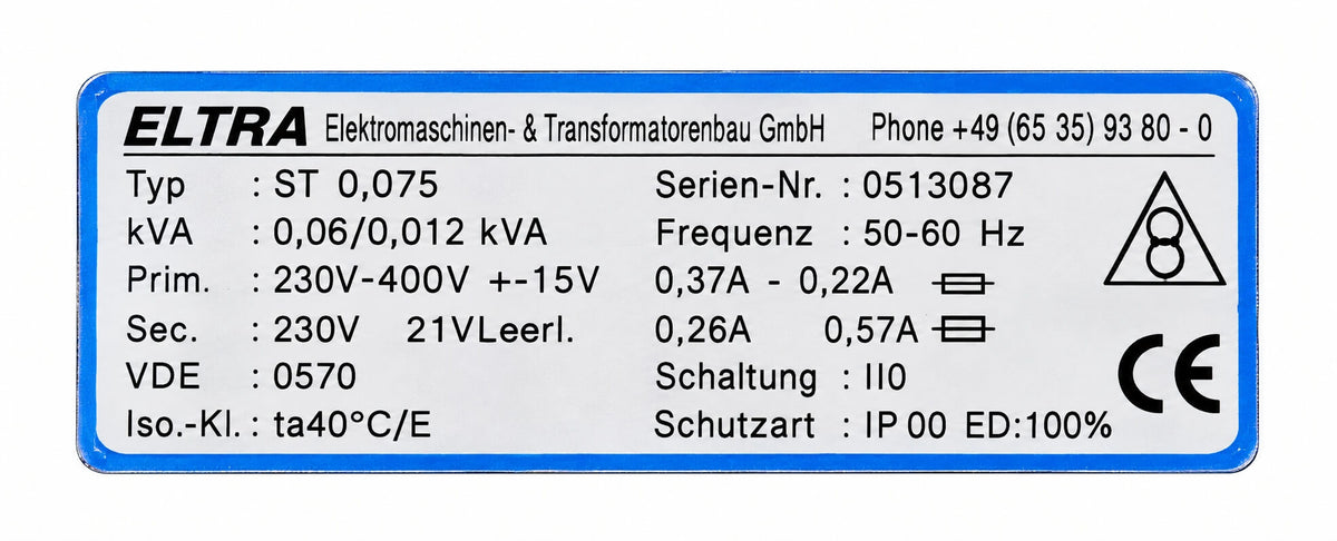 ELTRA ST 0.075 safety transformer – 230/400 V to 230 V – 60/120 VA T9/475