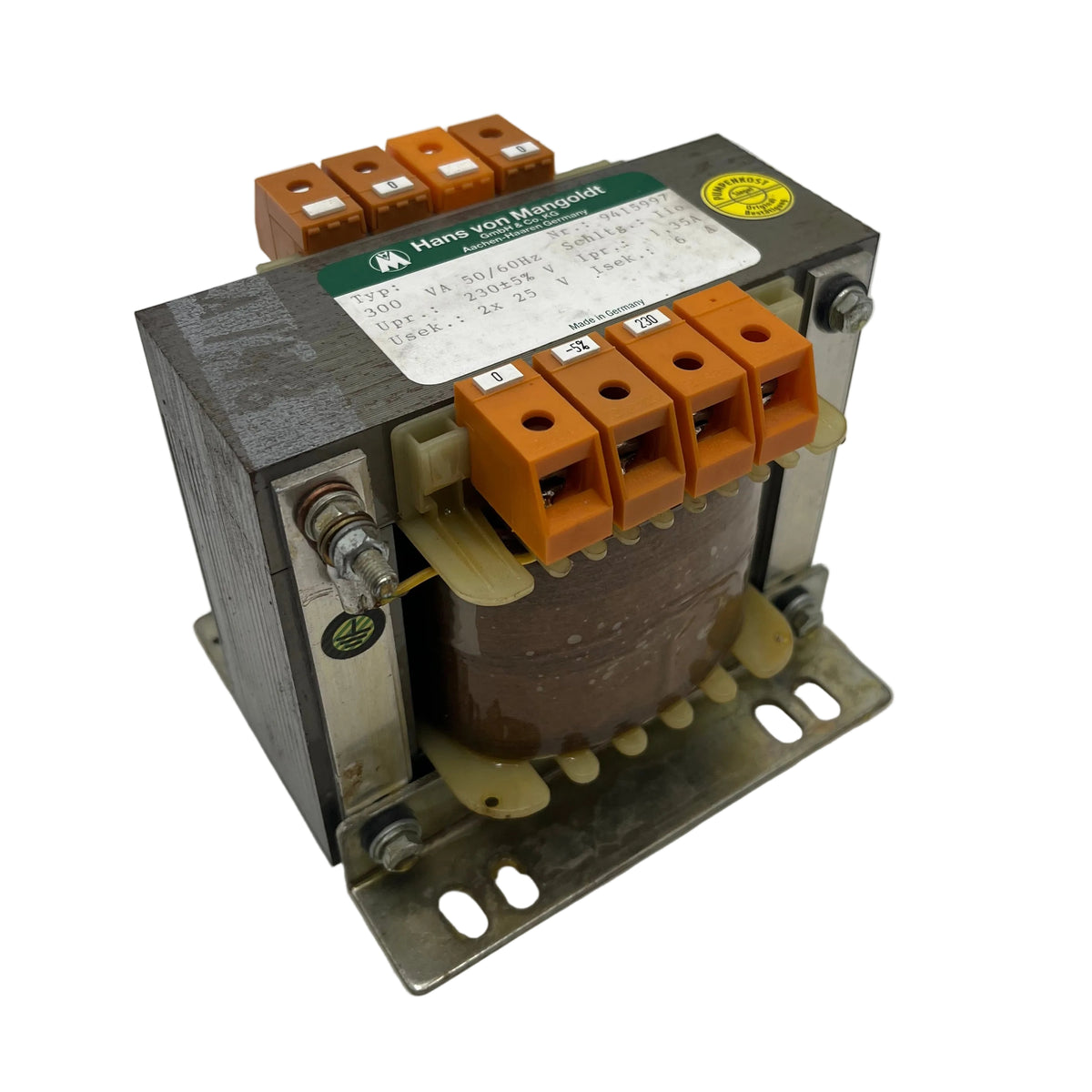 Transformator Mangoldt pri. 230 V 1,35 A sek. 2x25 V 6 A 300 VA Trenntrafo T11/48
