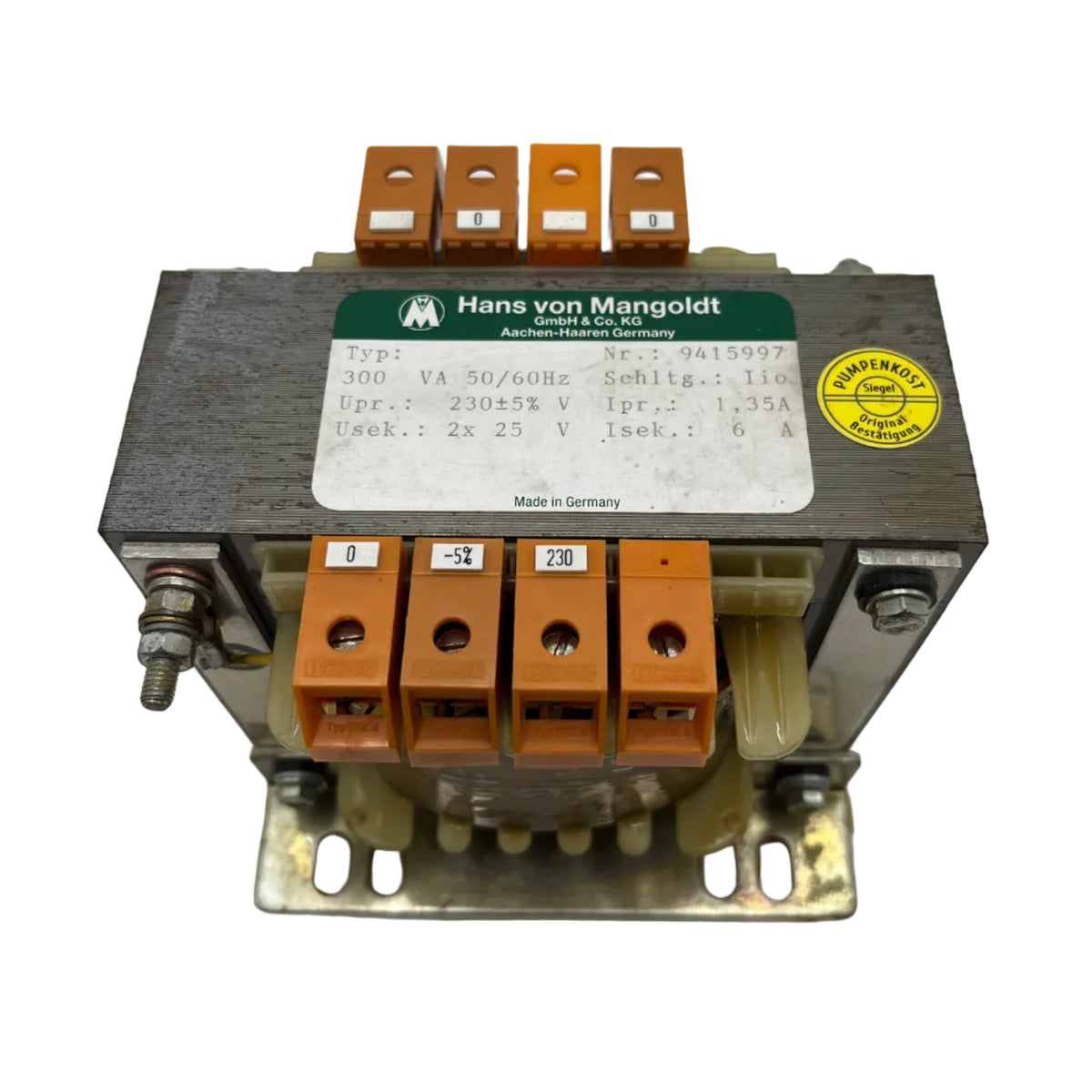 Transformator Mangoldt pri. 230 V 1,35 A sek. 2x25 V 6 A 300 VA Trenntrafo T11/48