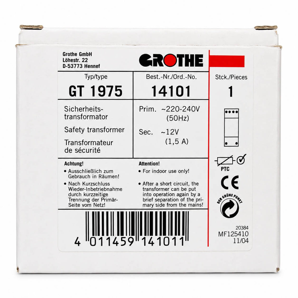 Grothe Bell Transformer GT 1975 – 220–240 V to 12 V – 1.5 A
