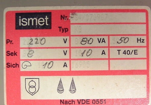 Ismet Sicherheitstrenntransformator KB – 220 V auf 8 V – 80 VA