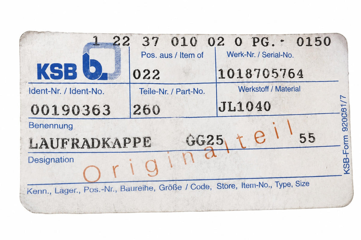 KSB Laufradkappe GG 25 55 Nr. 00190363 JL1040 Pumpe S12/316