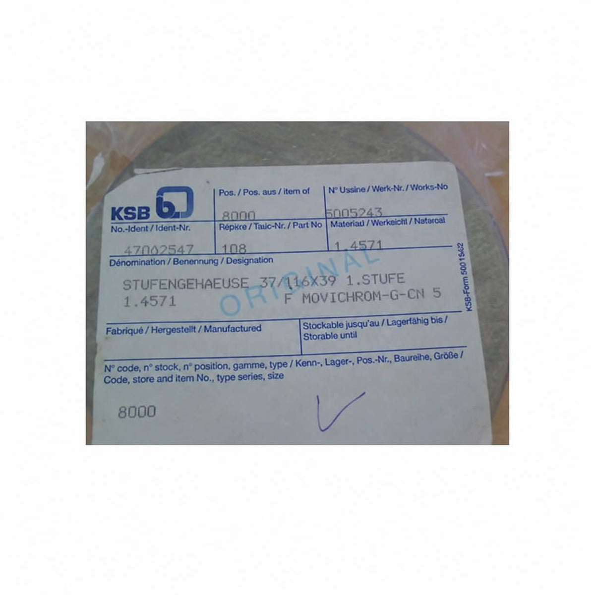 KSB stage casing 37/116X39 MOVICHROM G CN 5 1.4571 - 5005243 S13/112
