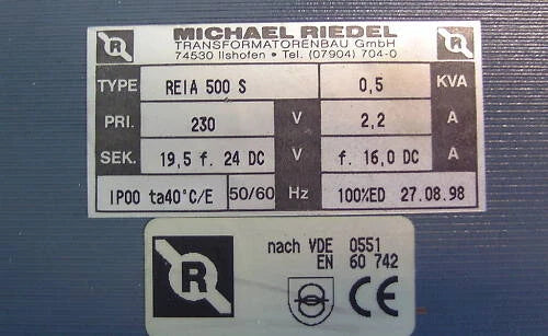 Riedel REIA 500 S Transformator – 230 V auf 19,5 V – 500 V
