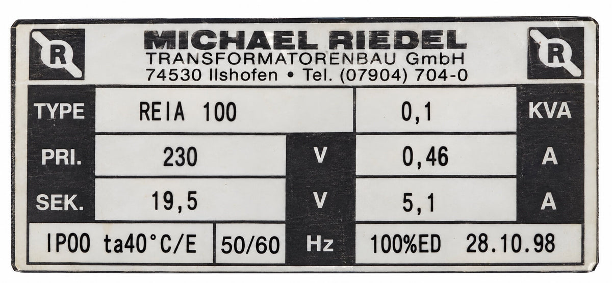 Riedel REIA 100 Transformator – 230 V auf 19,5 V – 100 VA  T9/392