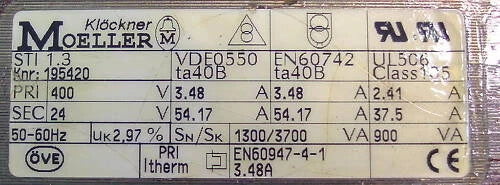 Moeller STI 1.3 Transformer – 400 V to 24 V – 37.5 A – 900 VA