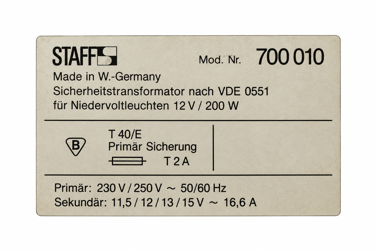 STAFF 700 010 safety transformer – 200 VA – 220/250 V to 11.5/12/13/15 V – as new T9/460