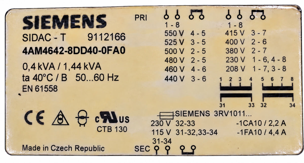 Siemens transformer – 208–550 V to 115/230 V – 400 VA