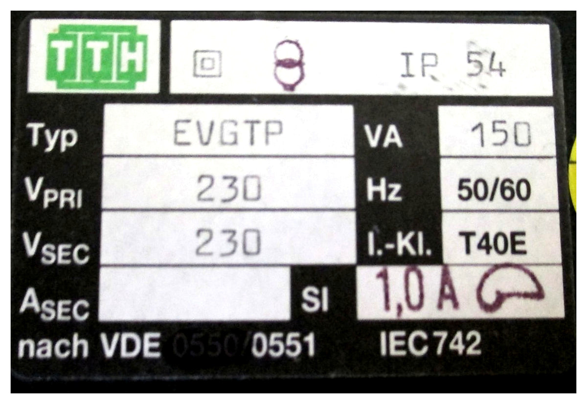 TTH Transformer Trafo EVGTP at 230V sec 230V Safety Isolating Transformer T10/126