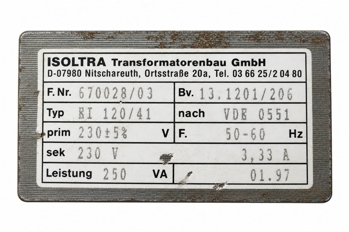Isoltra Transformer EI 120/41 230 V / 230 V 250 VA Double-chamber transformer – T8/109