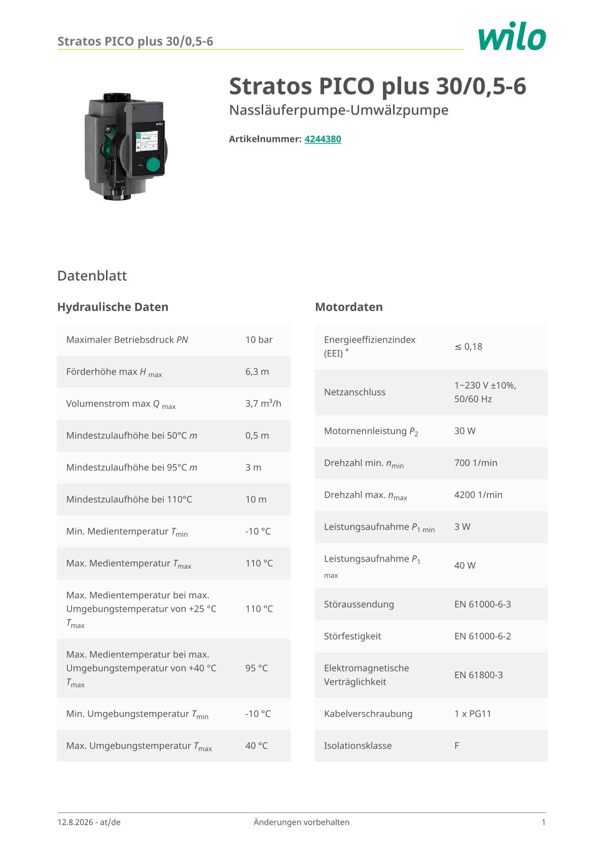 Wilo Stratos PICO Plus 30/0.5-6 – High-efficiency pump G 2 – 180 mm P26/32