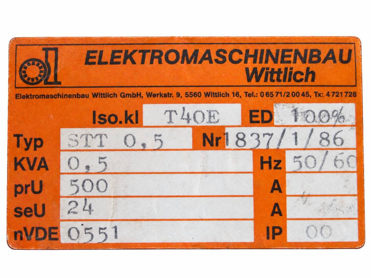 Wittlich STT 0.5 transformer – 500 V to 24 V – 500 VA