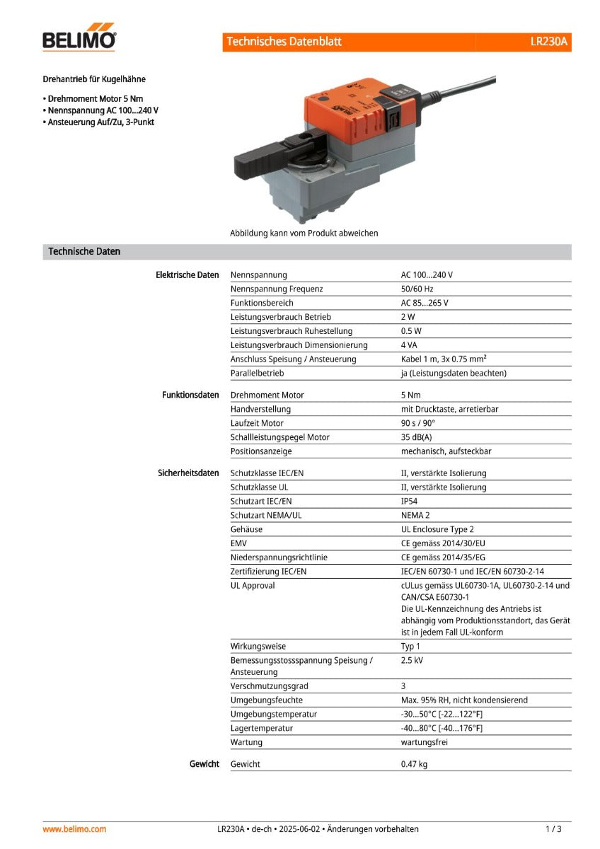 Belimo R325BL 3-Wege-Kugelhahn mit Innengewinde & LR230A Drehantrieb, 5 Nm, AC 100–240 V, Auf-Zu K18/443