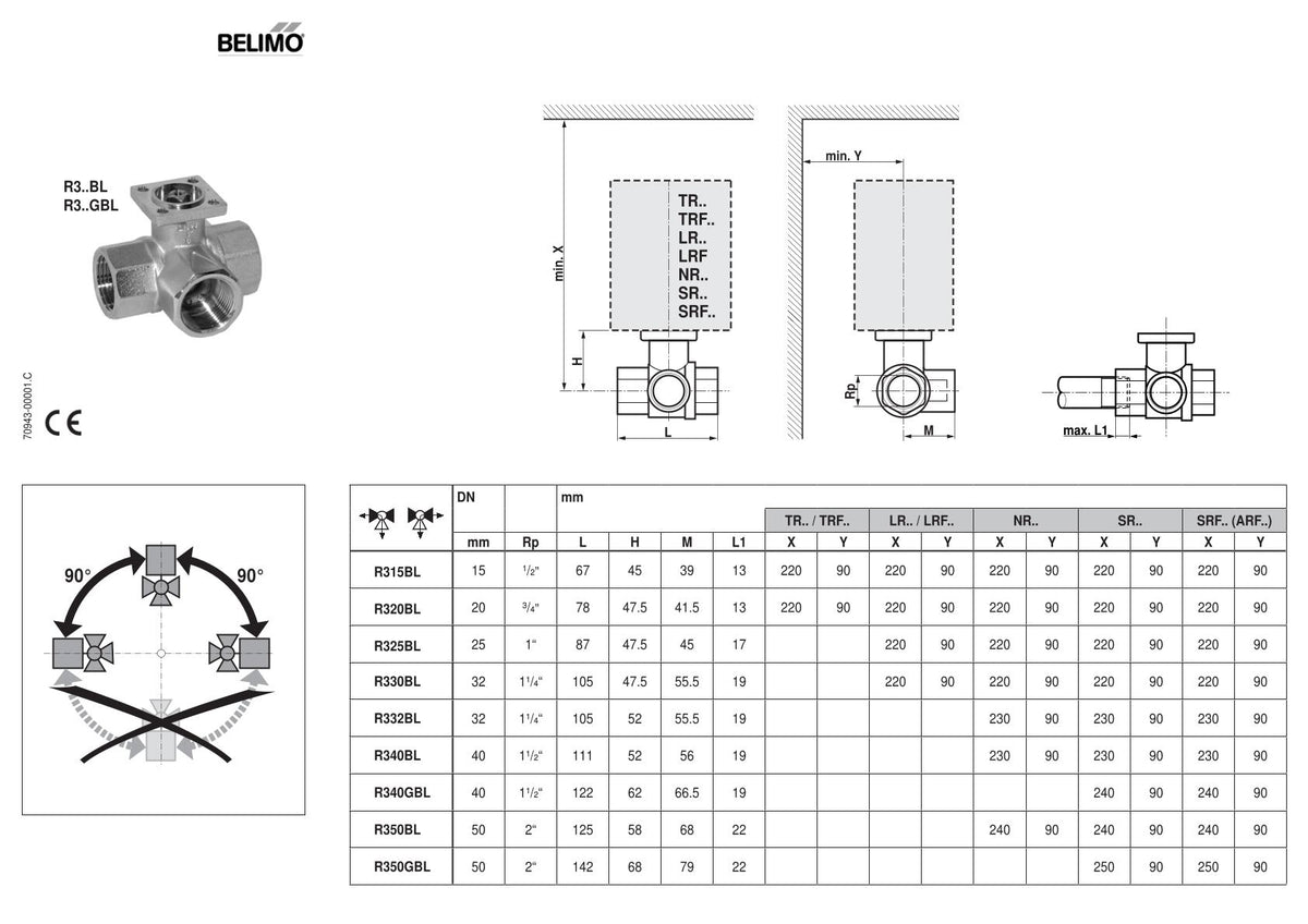 Belimo R325BL 3-Wege-Kugelhahn mit Innengewinde & LR230A Drehantrieb, 5 Nm, AC 100–240 V, Auf-Zu K18/443