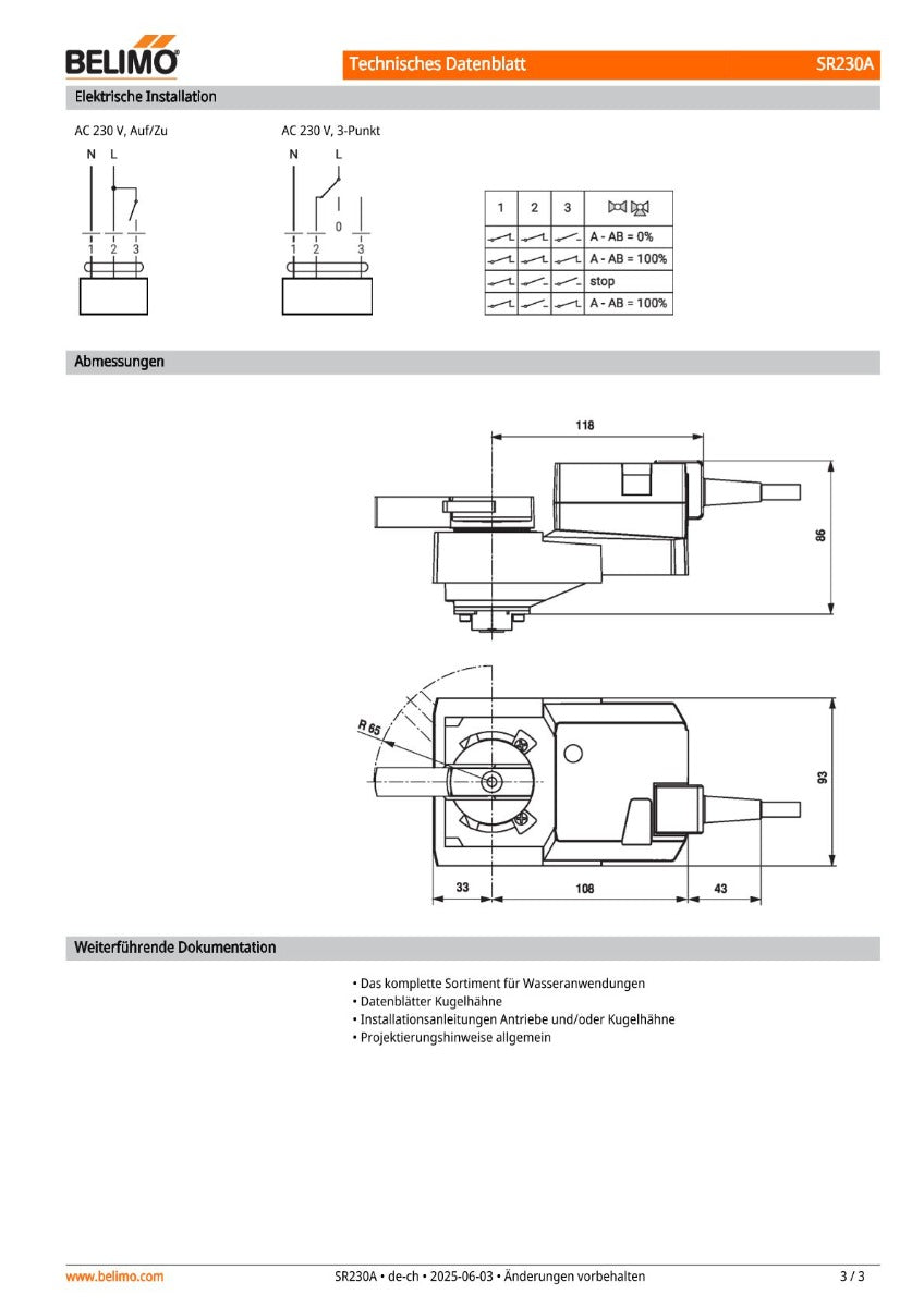 Belimo R350 3-Wege-Kugelhahn mit Innengewinde & SR230A Drehantrieb, 20 Nm, AC 100–240 V K18/433