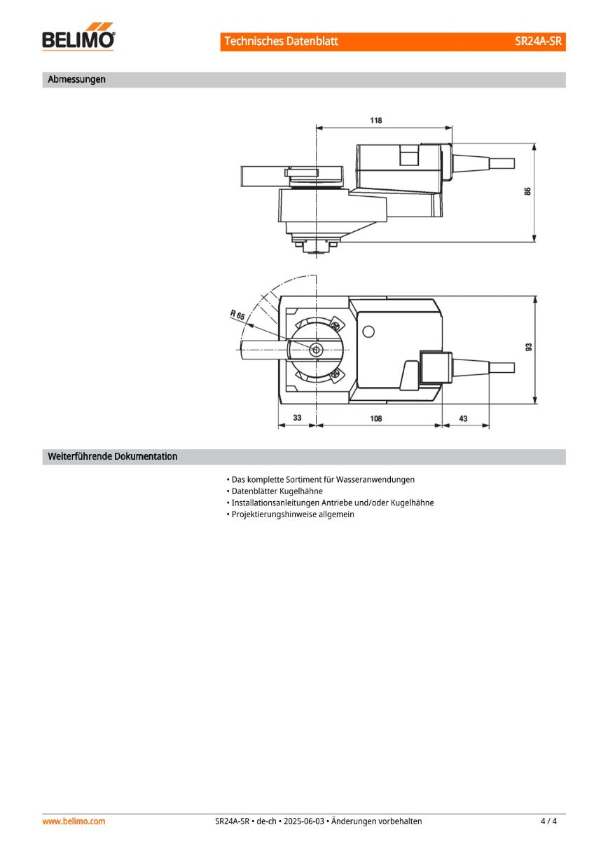 Belimo SR24A-SR Stetiger Drehantrieb für Kugelhähne, 20 Nm, AC/DC 24 V, 2–10 V  K18/503