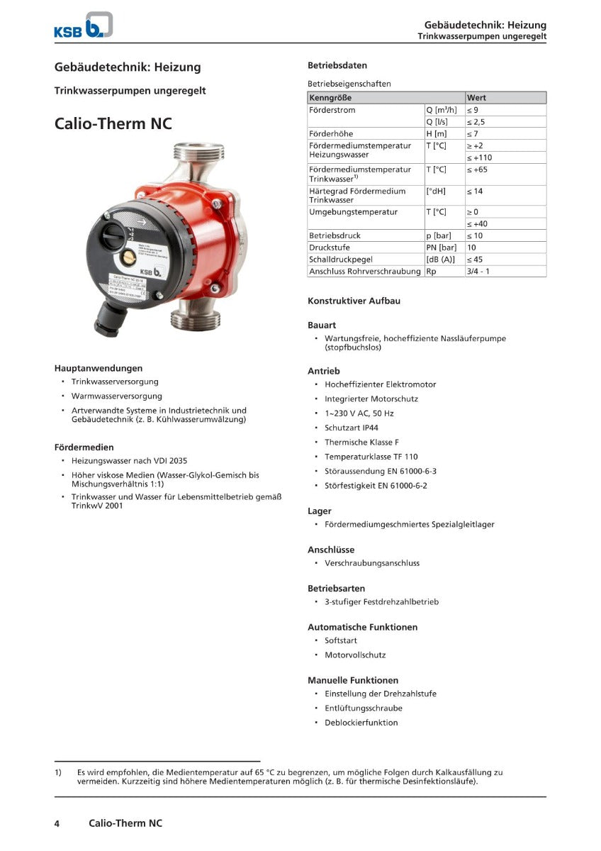 KSB CALIO-THERM NC 20-15 Hocheffiziente Trinkwasserpumpe 1x230V RP 3/4 G 1 1/4 150 mm PK25/290