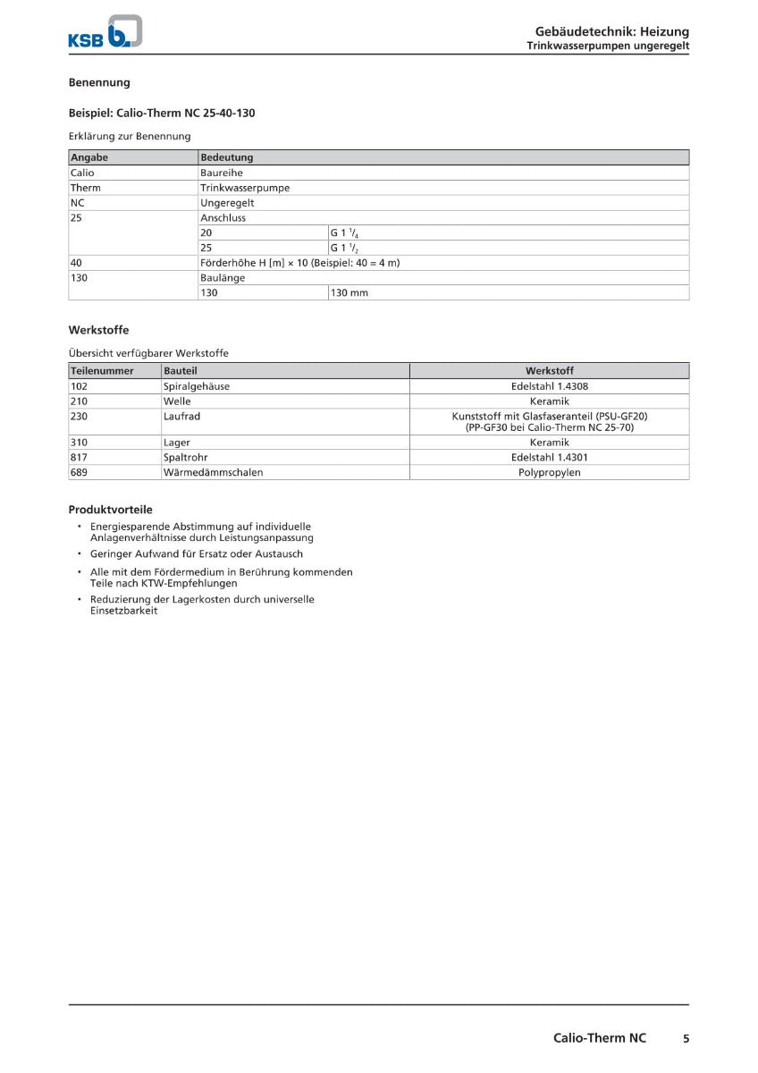 KSB CALIO-THERM NC 20-15 Hocheffiziente Trinkwasserpumpe 1x230V RP 3/4 G 1 1/4 150 mm PK25/290