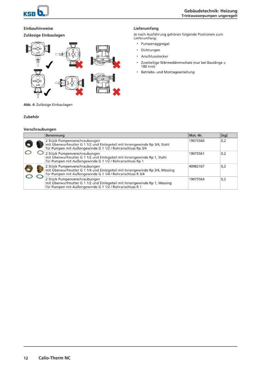 KSB CALIO-THERM NC 20-15 Hocheffiziente Trinkwasserpumpe 1x230V RP 3/4 G 1 1/4 150 mm PK25/290