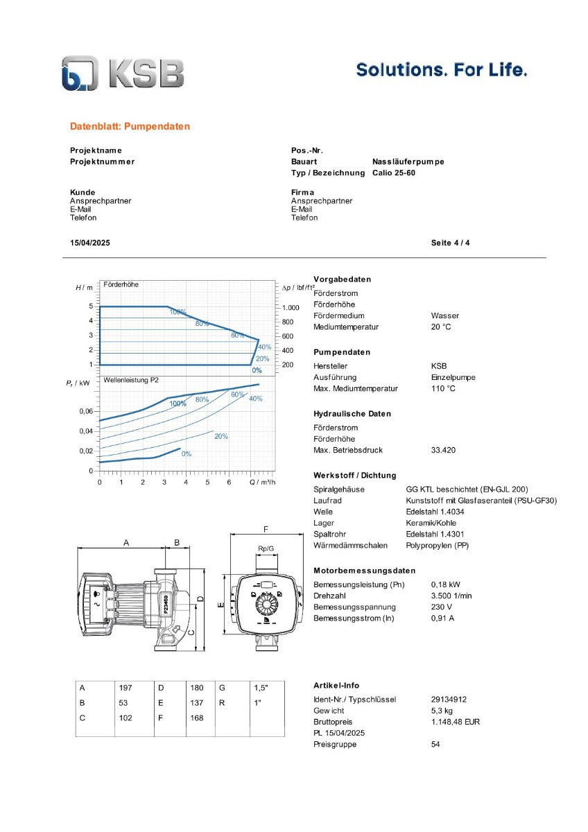 KSB Calio 25-60 Nassläuferpumpe 1x230V 180 mm PK25/208