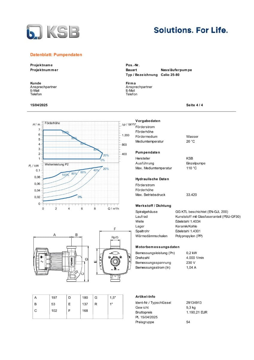 KSB Calio 25-80 Nassläuferpumpe 1x230V 180 mm PK25/209