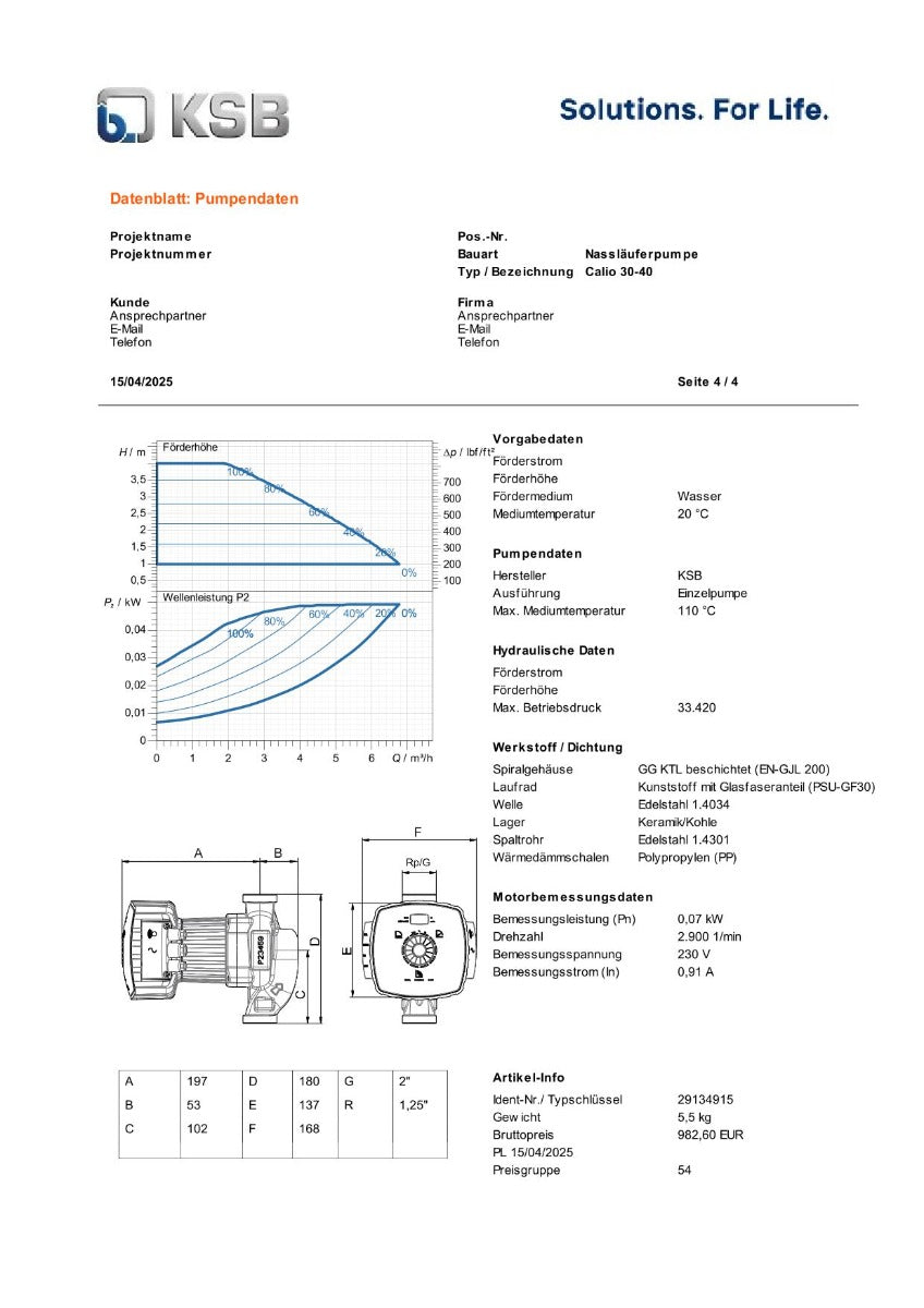 KSB Calio 30-40 Nassläuferpumpe 1x230V 180 mm PK25/211