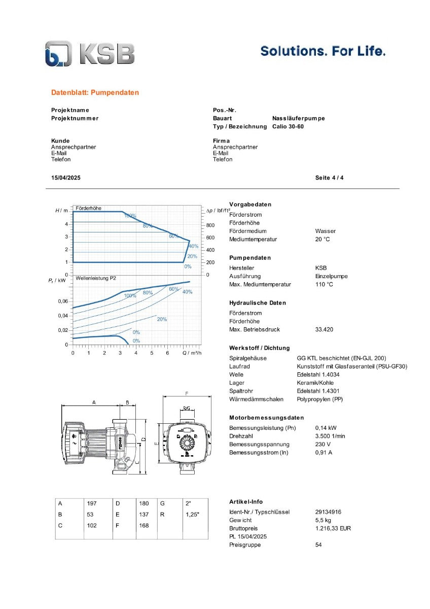KSB Calio 30-60 Nassläuferpumpe 1x230V 180 mm PK25/212